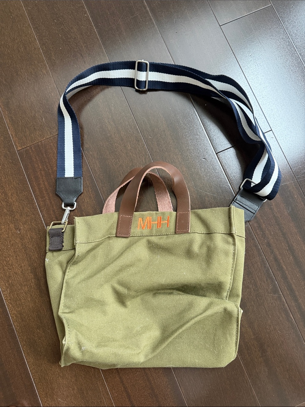 Olive Green Canvas Tote with Navy Stripe Shoulder Strap Medium